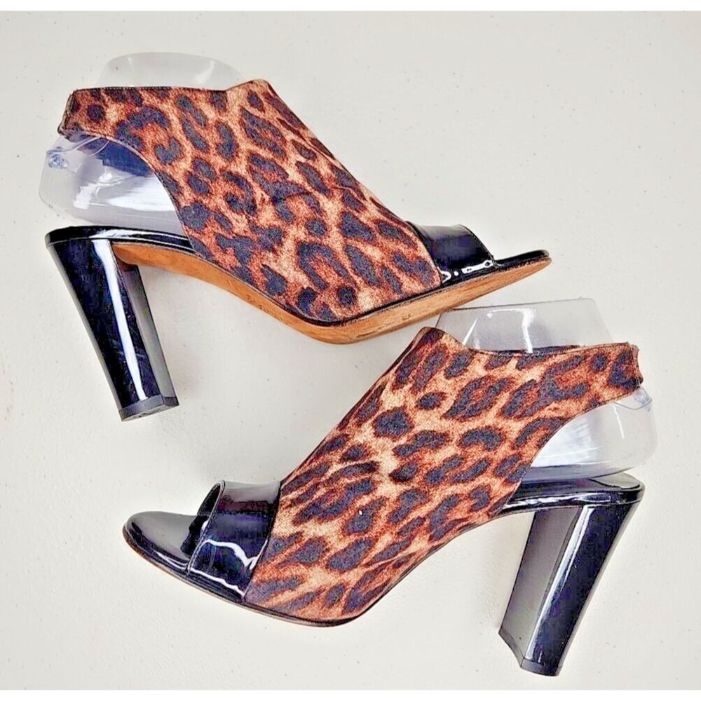 Donald J Pliner Mink Slingback Sz 8 Leopard Print Patent Leather Peep Toe Heel